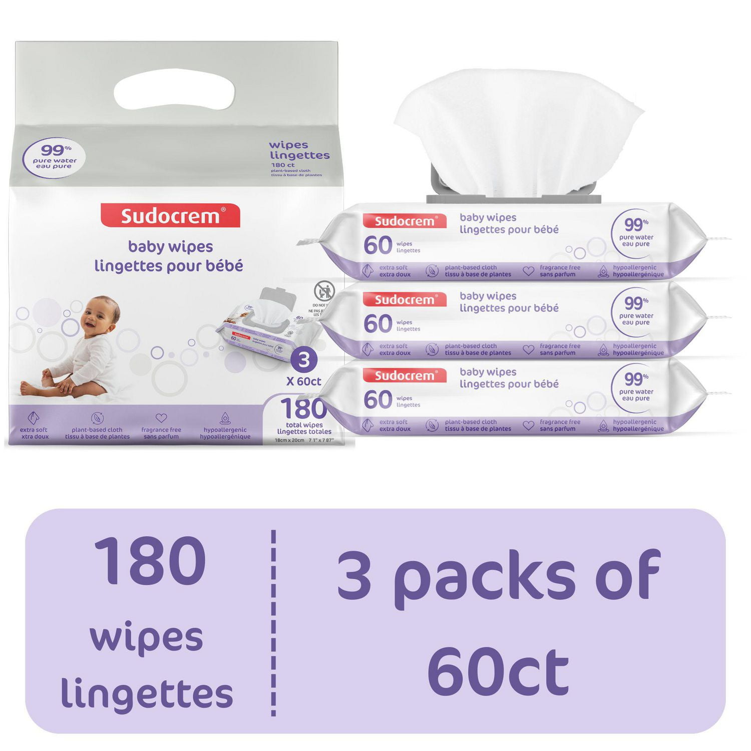 Lingettes pour bébé à l'eau pure Sudocrem® - 180 lingettes |Peaux sensibles