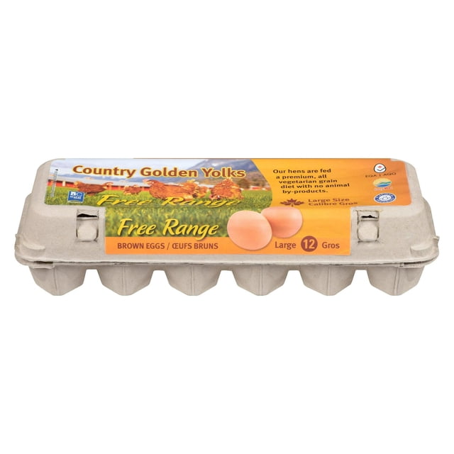 Country Golden Yolks Free Range Eggs carton containing 12 large brown eggs in a beige molded pulp container with a label showing hens in a grassy field and text about cage-free hens fed a vegetarian grain diet, ideal for whole egg carton shoppers.