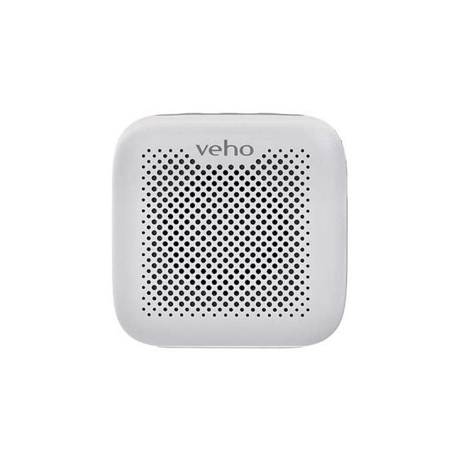 Veho MZ-4 Water Resistant Wireless Bluetooth Speaker in white, front view of compact square speaker with rounded edges and perforated grille featuring Veho logo, offering 5W sound, IPX4 water resistance, up to 26 hours playtime, and TWS pairing for portable audio use.