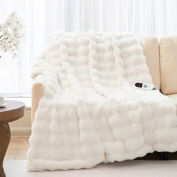 MARNUR Electric Throw Blanket 50"x60", Faux Fur Heated Throw, 6 Heating Levels, 4 Hours Timer - White