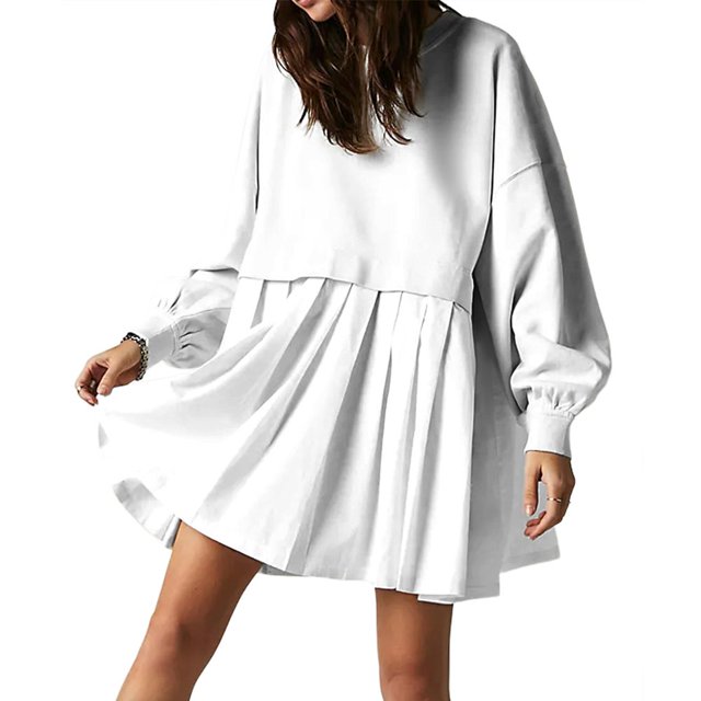 Womens Oversized Sweatshirt Dress Long Flowy Patchwork Pullover Tops Cute Drop Shoulder Sweatshirts Fall Long Sleeve Mini Dress Teen Girls Crewneck Solid Tunic Pleated Loose Clothing Beig