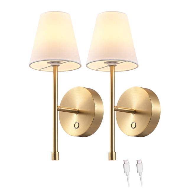 2-Pack Rechargeable LED Integrated Wall Sconce, Gold Finish, White Fabric Shade, 3-Step Dimmer Touch Switch, 5ft USB-C Charging Cords Included, Battery-Operated, Wireless