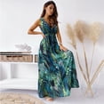 thumbnail image 4 of HKEJIAOI Robe Femme Femme Col en V Sans Manches Imprimé Dos Ouvert Décontractée Aguichant Dos Nu Mi-Mollet Longue Robe Économies Liquidation Vert, 4 of 9