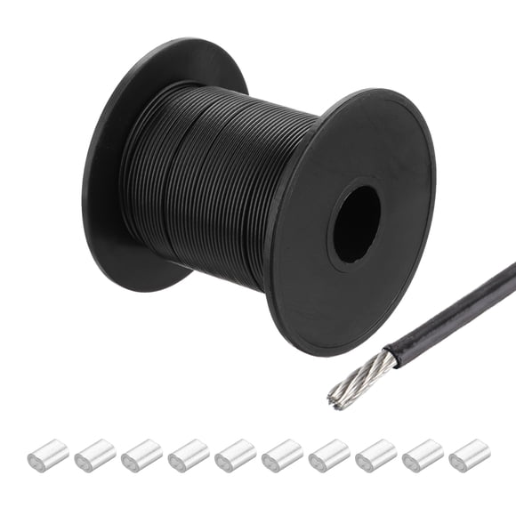 197Ft(60M) Wire Rope 304 Stainless Steel Cable 3/64" (1.2 mm) Vinyl Coated with 10pcs Aluminum Sleeves Black