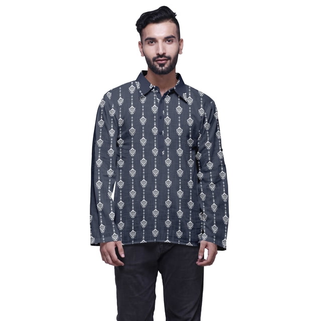 Atasi Kurta à Manches Longues pour Hommes, Coton Imprimé, Col Extensible à Écartement, Chemise Ethnique