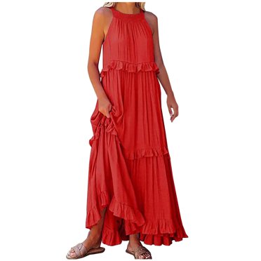 fatyb Robe d'Été 2025 pour Femmes Sans Manches à Volants à Étages Robe Maxi Fluide Décontractée Longue pour la Plage