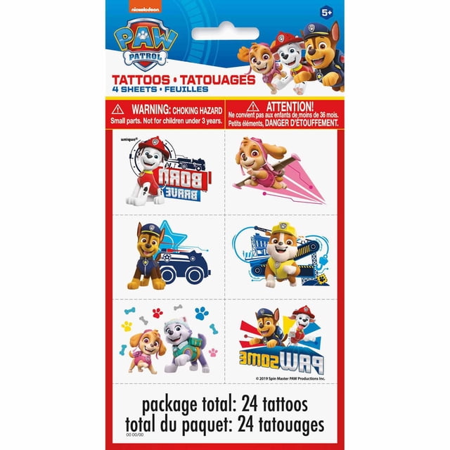 Paw Patrol Tattoos, 24ct featuring 4 sheets of 6 temporary tattoos with colorful illustrations of Paw Patrol characters Chase, Skye, Marshall, and Rubble in playful action poses and themed backgrounds, suitable for kids' body makeup and party use.