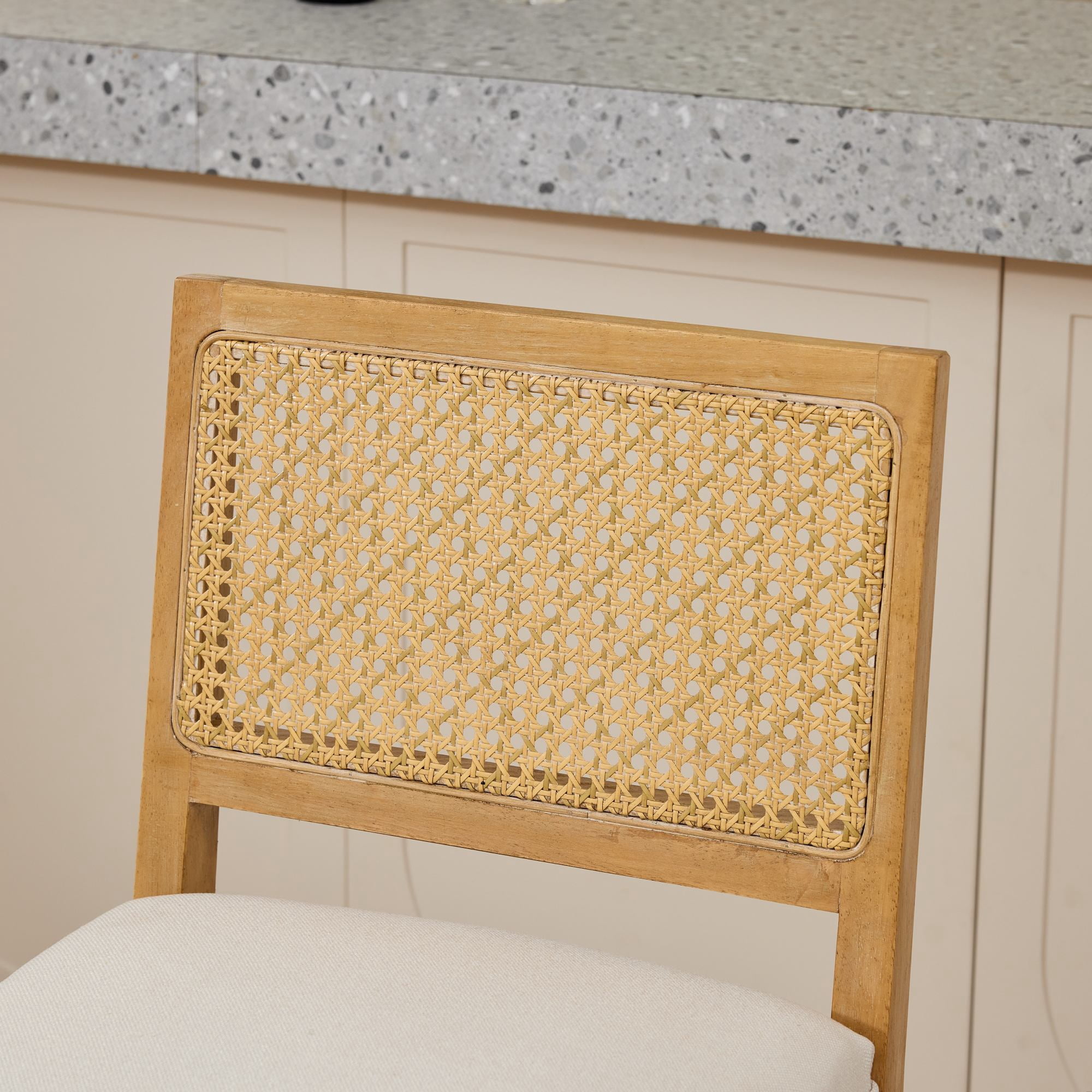 Noble House Full Solid Wood Rattan-Back Bar Stool Set of 2,Matte Linen Cushion with High-Resilience Foam & S-Springs,Beige
