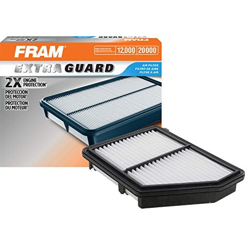 FRAM AIR CA12051 engine air filter with black plastic frame and white pleated filter media, shown with its FRAM Extra Guard packaging highlighting 2X engine protection and 12,000 to 20,000 mile lifespan, designed for select Honda vehicles to ensure clean engine air intake.