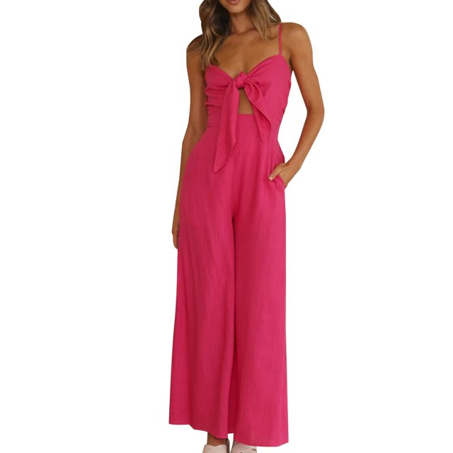 B91xZ Womens Jumpsuits Spaghetti Strap Loose Overalls with Pocket One Piece Rompers,Hot Pink M