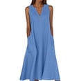 thumbnail image 1 of Ohufall Robe Femme en Coton et Lin à Col en V Sans Manches Décontractée Robe Débardeur Unie Confortable avec Poches Robe Midi d'Été Chic, 1 of 5
