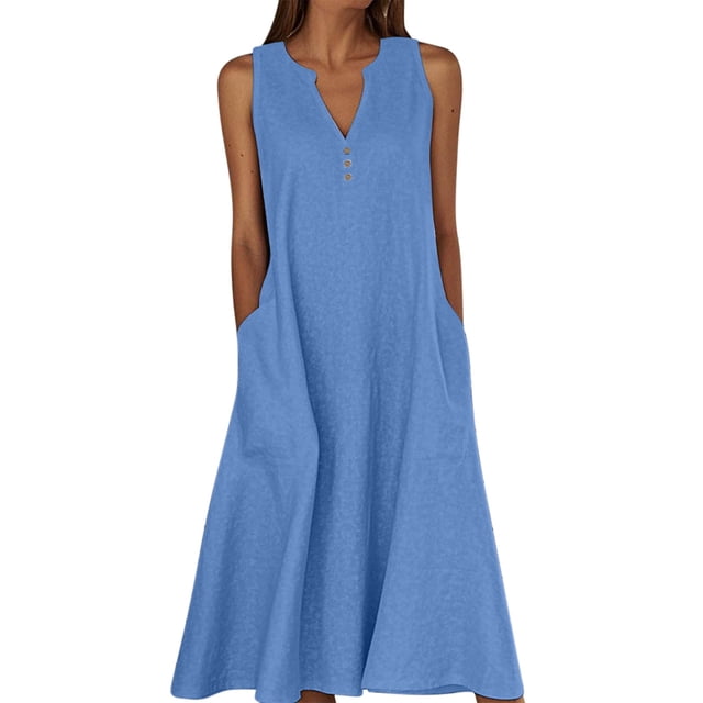 Ohufall Robe Femme en Coton et Lin à Col en V Sans Manches Décontractée Robe Débardeur Unie Confortable avec Poches Robe Midi d'Été Chic