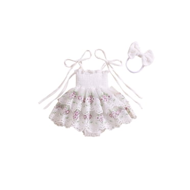 Wangsaura Tenue pour Nouveau-Née Fille, Robe Barboteuse à Fleurs Brodées à Nouer avec Bandeau Nœud, Vêtements d'Été