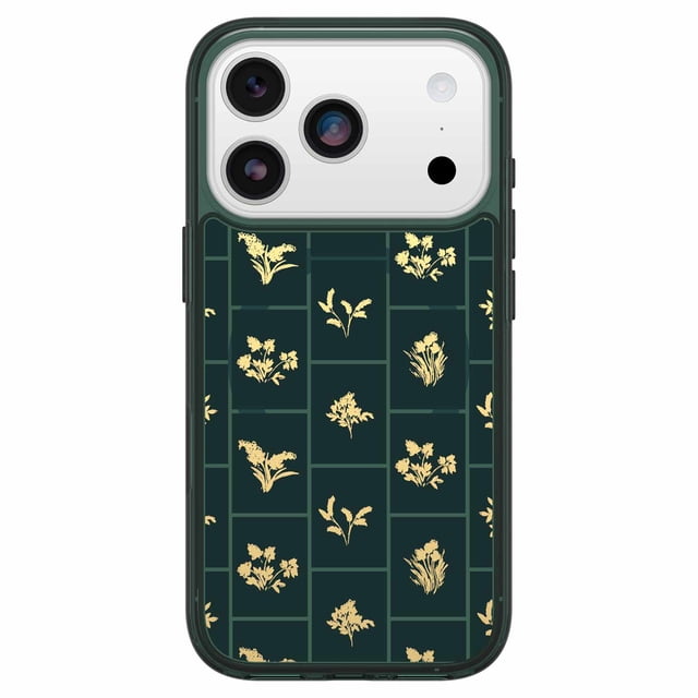OtterBox Symmetry Clear MagSafe Case w/Camera Control Golden Bloom (Green) for iPhone 17 Pro with a slim clear design featuring a dark green border and gold floral grid pattern, built-in anchors for straps, tactile buttons, raised camera protection, and MagSafe magnet compatibility.