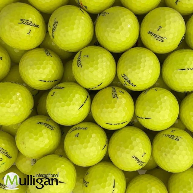 Mulligan - 50 Titleist AVX AAA recycled used golf balls in yellow, showing close-up of dimpled surface and Titleist logo with numbers, suitable for advanced golfers seeking eco-friendly practice balls.