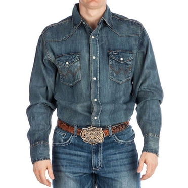 Wrangler Chemise Western de Travail à Manches Longues pour Homme Cowboy Cut Couleur Denim Indigo Rigide Petit