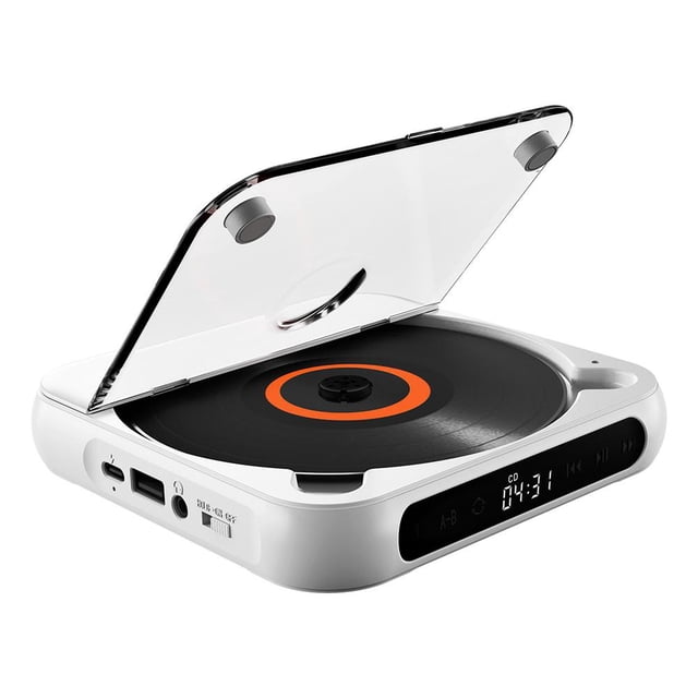 Portable CD Player Bluetooth Speaker Stereo CD Players LED Screen in white ABS material with a compact design measuring 13.3x13.3x2.5 cm. Features include Bluetooth 5.1 connectivity for wireless music playback, multifunctional compatibility with CDs, USB, and 3.5mm audio cables, anti-skip protection for stable audio, and a touch LCD display for easy navigation. The device is shown with its transparent lid open, revealing the CD compartment and control buttons on the front panel, ideal for portable audio use.