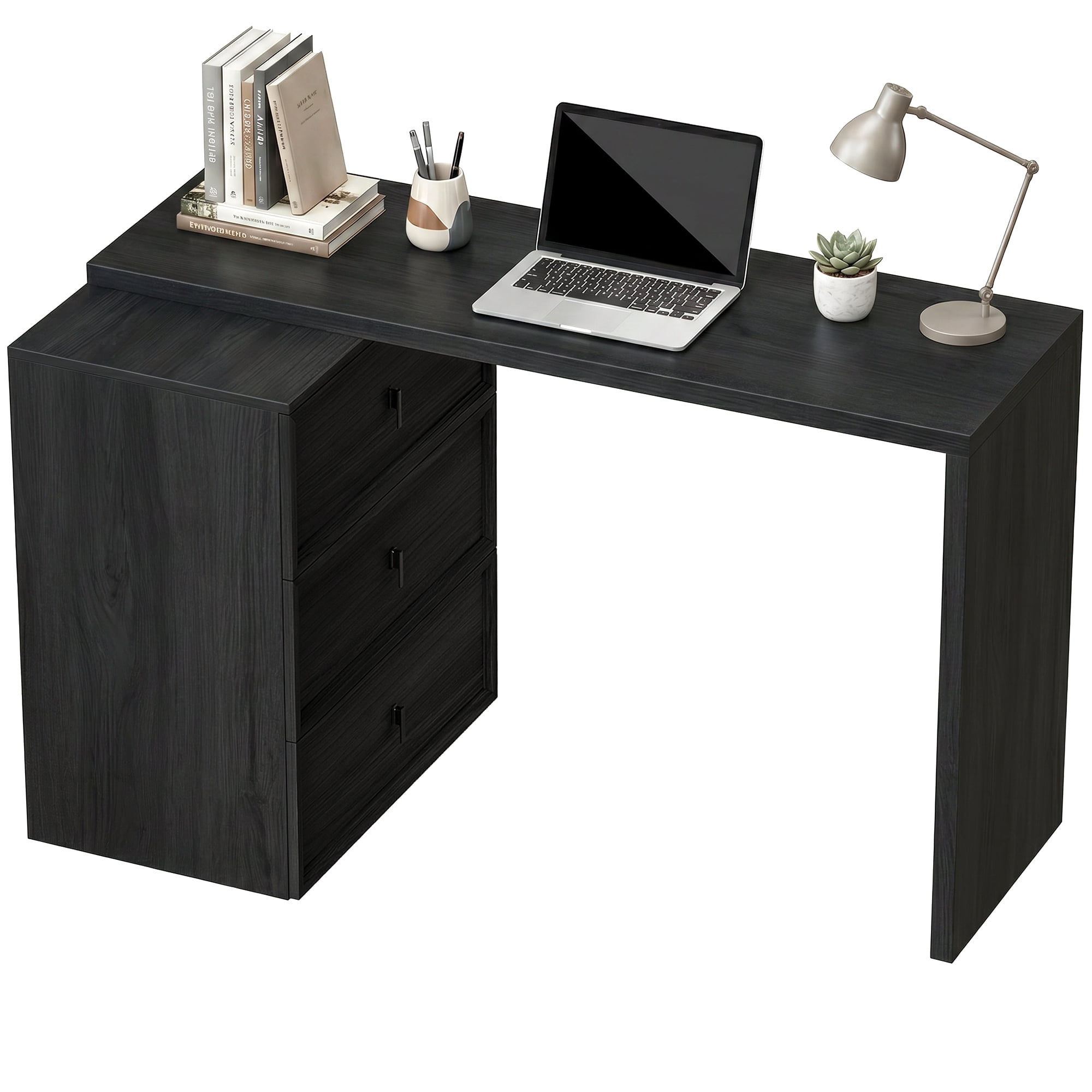 HOMCOM L Shaped Computer Desk with 3 Drawers Black Wood Grain