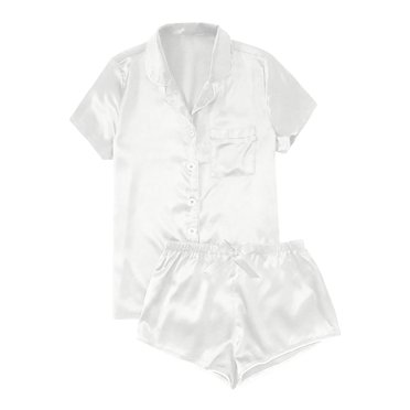 GDREDA Women's Pajama Pants and Top Set Women's Casual Solid Silk Satin Pajama Set Short Sleeve Button Up Top & Shorts Sleepwear Women Pajama Sets pyjamas White,L