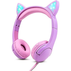 Kids Headphones for Girls, Safe 85db Volume Control Light Up Cat Ear Headphones for iPad Fire Tablet Kindle Purple