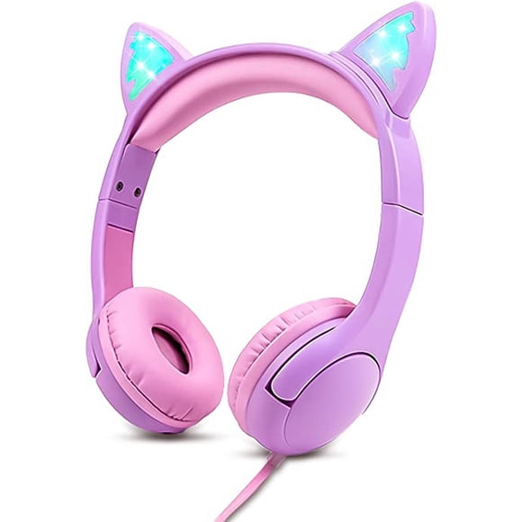 Kids Headphones for Girls, Safe 85db Volume Control Light Up Cat Ear Headphones for iPad Fire Tablet Kindle Purple