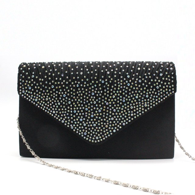 Youkk Women Envelope Bag Portable Hasp Rhinestone Replacement Stylish Solid Color Party Banquet Bridal Handbag Pouch Black