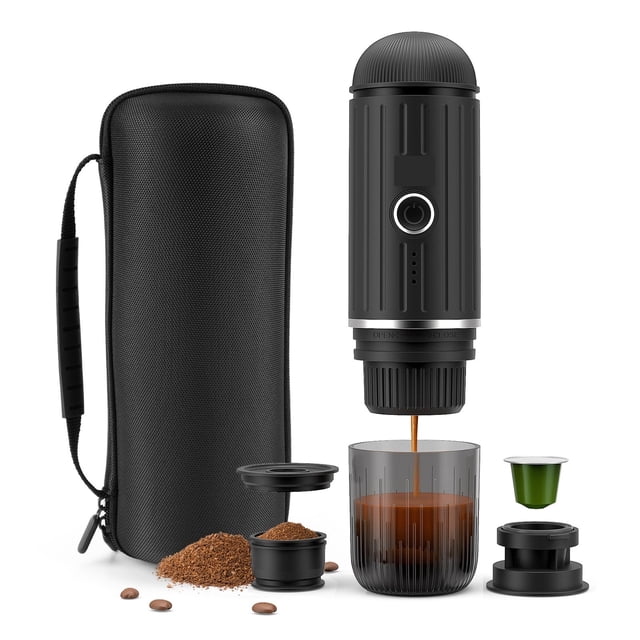 Machine à Café Portable Chauffante Compatible Capsule et Café Moulu, Cafetière Espresso de Voyage pour Camping et Bureau avec Sac Portable, VR, Randonnée, Bureau