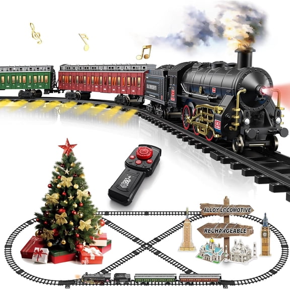 Electric Remote Control Train Set Metal Alloy Steam Locomotive with Glowing Passenger Carriages Smoke, Sound & Light Luxury Tracks Train Christmas Birthday Toy Gift for Boys Kids