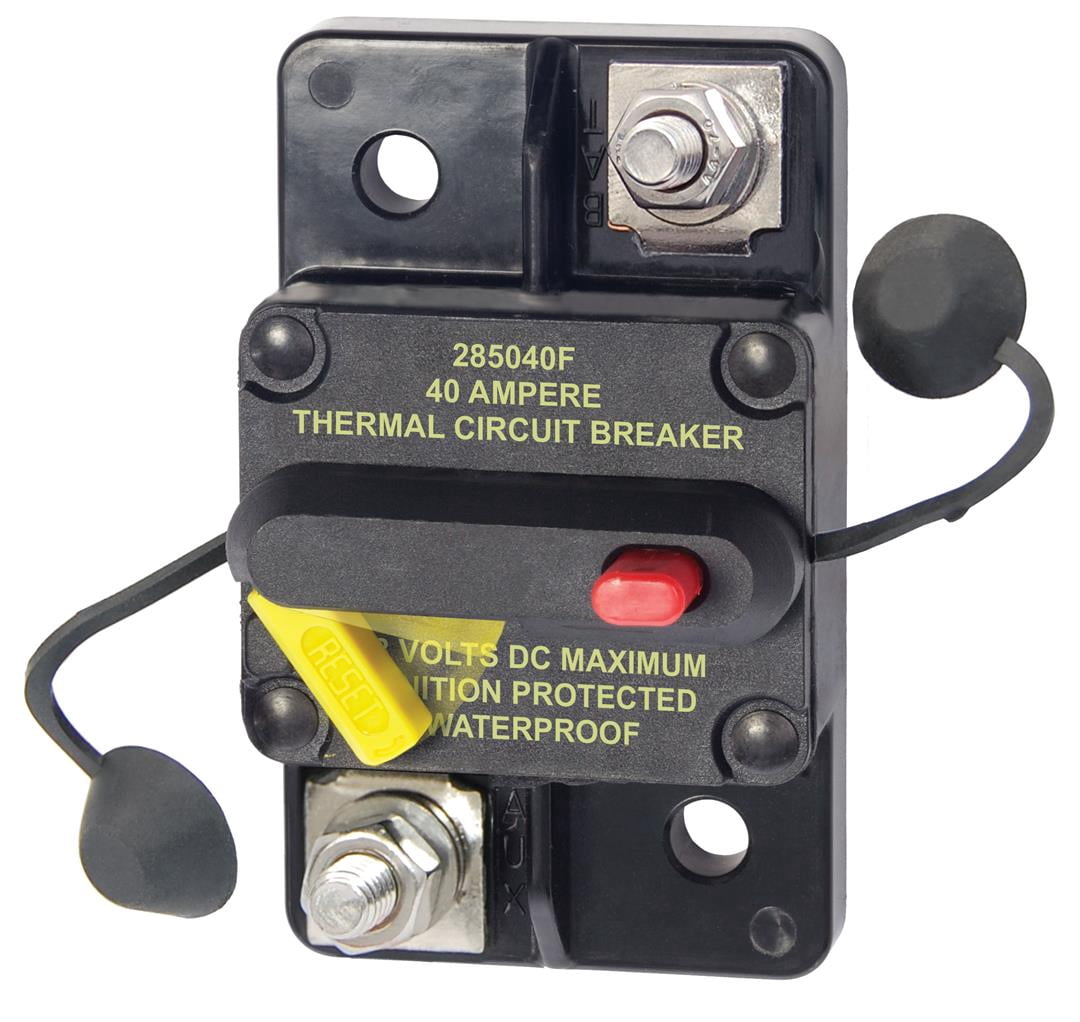 Blue Sea Disjoncteur 7182-BSS 285 Series; 40 Ampères/48 Volts C.c.; Montage en Surface; Type Thermique; Borne à Goujon M6; Commutable/réinitialisation Manuelle; Simple; Protection contre l'Allumage