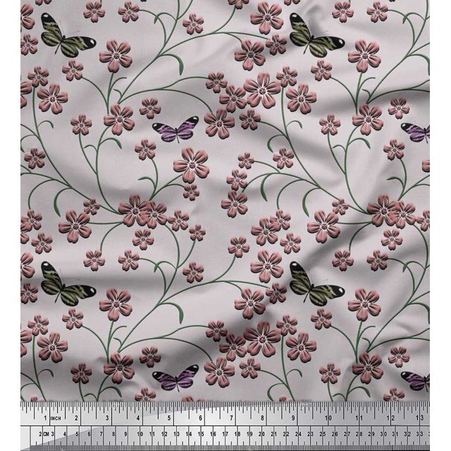 Soimoi Poly Georgette Fabric Insect,Leaves & Flower Floral Print Fabric by Yard 52 Inch Wide