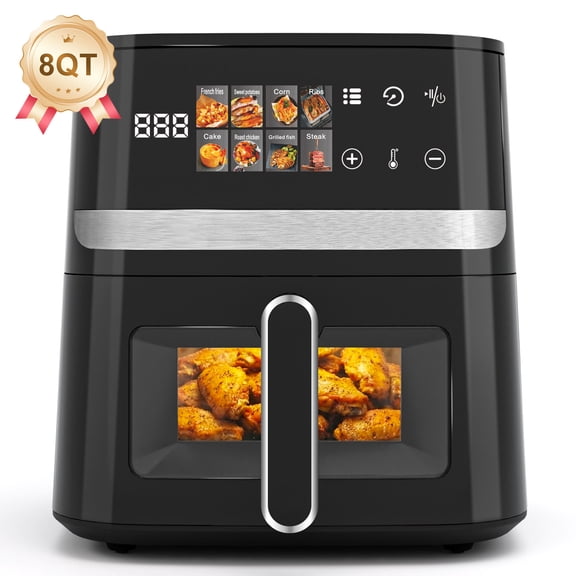 Pentantan Friteuse à Air Chaud 8 Qt, Four Électrique Chaud 8-en-1 Préréglages avec Écran Tactile DEL Numérique, Panier Antiadhésif Compatible Lave-Vaisselle, Fenêtre à Affichage Facile, Noir