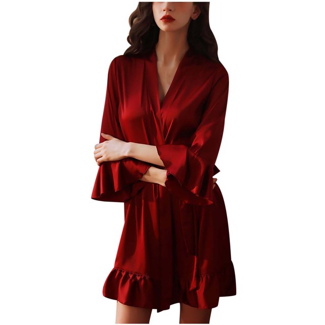 Teissuly Robes Pyjamas pour Femmes Nuisette de Couleur Unie Pyjama Aguichant Cardigan Peignoir Nuisette
