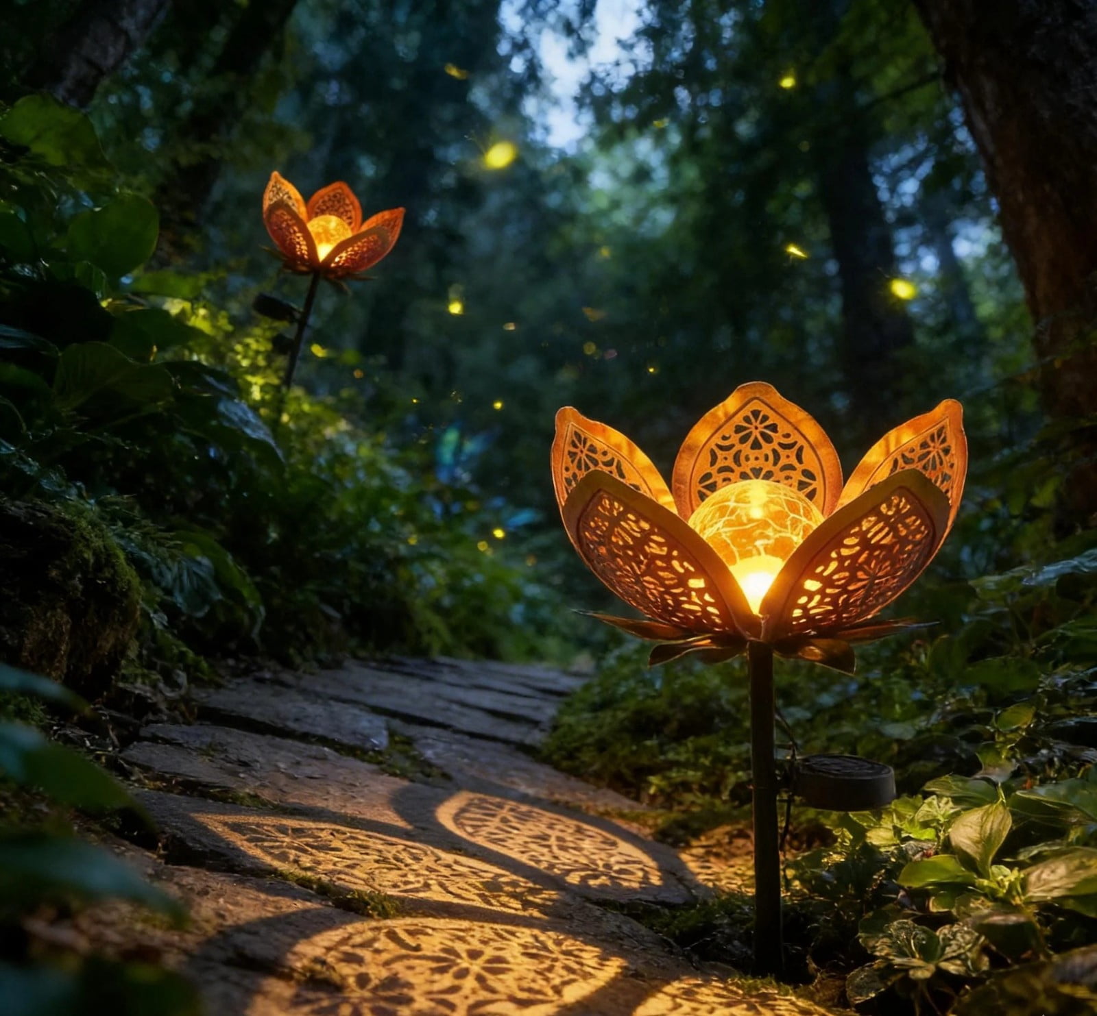 TTJ Solar Garden Lights Outdoor Outdoor Solar Lights Solar Flower Garden Stake Light Metal Floral Light with Crackle Glass Outdoor Decorative LED Light for Yard Patio