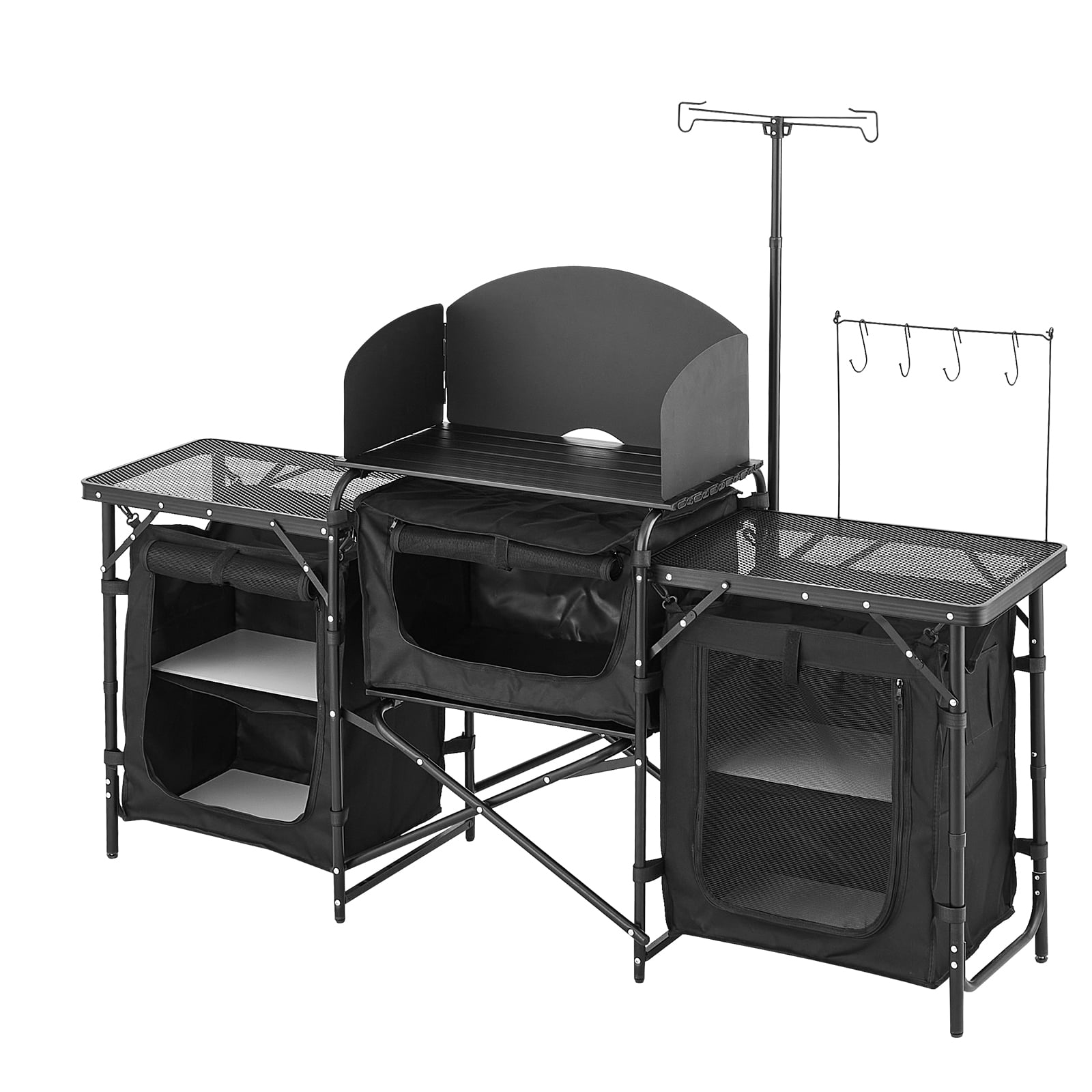 KFFKFF Foldable Camping Table, Portable Camping Kitchen Table Outdoor, Aluminum Portable Cook Station with 3 Storage Cupboard, Carrying Bag, Detachable Windscreen, Quick Set-up
