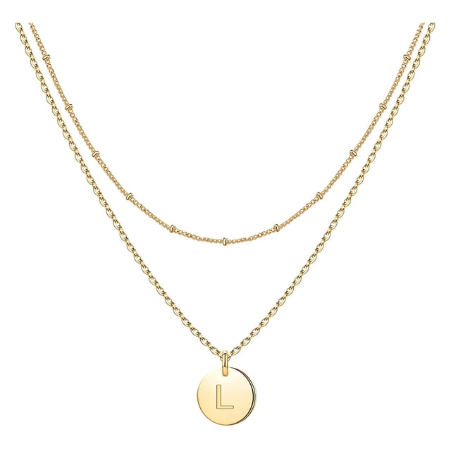 SIfdSeng Women's Fashion Heart Letter Necklace, a stylish chain necklace with a double-layer design featuring a circular pendant engraved with the letter 'L'. Crafted from copper, the inner chain measures 38cm (15 inches) and the outer chain measures 45cm (17.7 inches), with an extended length of 5cm (1.97 inches). Ideal for daily and casual wear.