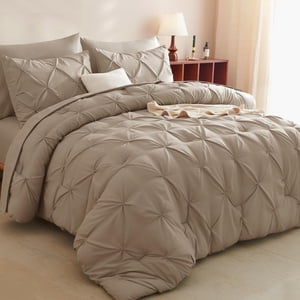 CozyLux King Size Comforter Set Khaki 7 Pieces Pintuck Bed in A Bag Khaki Comforter King Size Pinch Pleat Bedding Set with All Season Comforter Sheets Pillowcases & Shams
