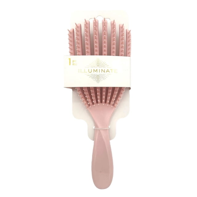 Illuminate finger hair brush in soft pink with flexible, widely spaced soft bristles to gently detangle and reduce breakage for all hair types, featuring an ergonomic curved handle, shown on white packaging with gold Illuminate logo, suitable for use on wet or dry hair.