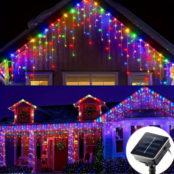 LNGOOR 1 PC Solar Icicle Lights Outdoor LED Christmas Hanging Lights String 8 Modes 96 LED With 16 String Fairy Lights For Ceiling Balcony Patio Garden Christmas Tree Wall Wedding
