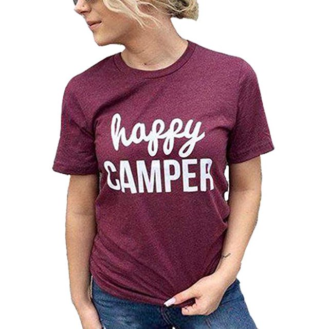 YourTops T-Shirt de Campeuse Heureuse pour Femmes (US m, 3-Rouge Vin)