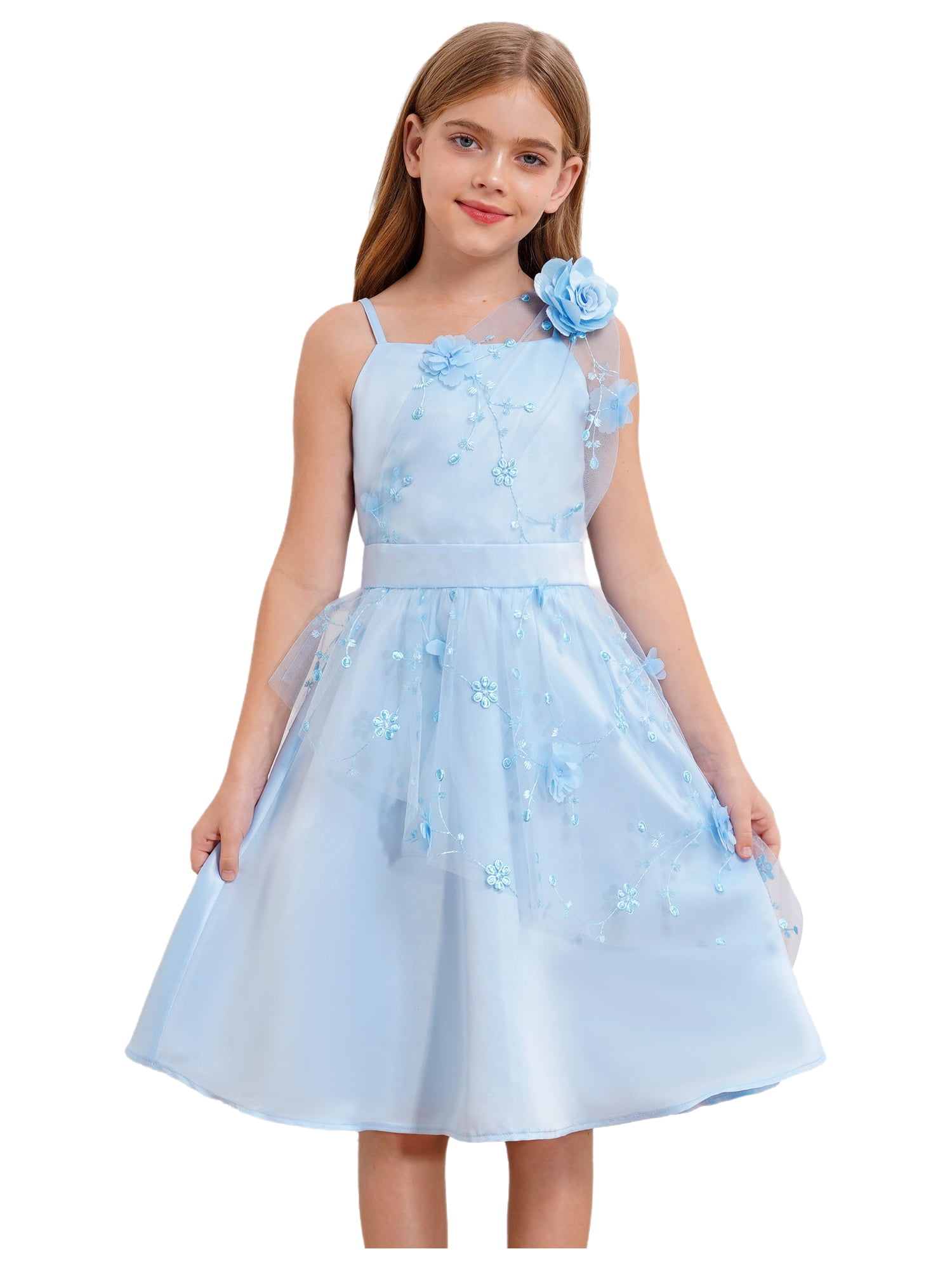 Jhaoyu Robe de Demoiselle d'Honneur pour Enfants, Satin Brodé, Concours, Bal, Fête Formelle, Tulle, Tutu, Robe de Bal, Bleu Pâle 14