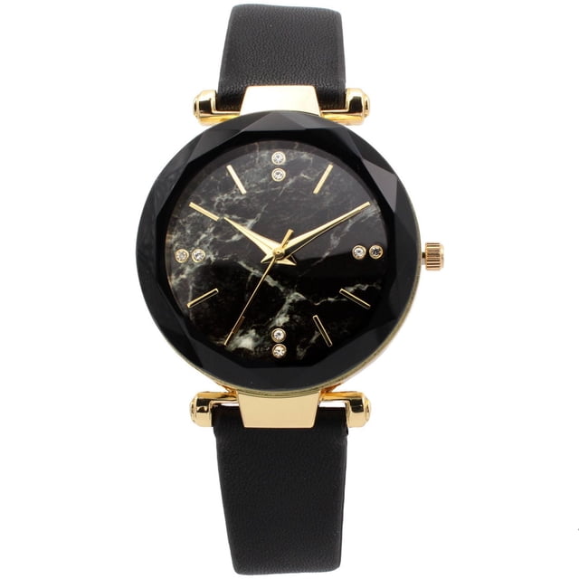 Ladies Black Strap Watch with a 35mm black faceted bezel, gold hands, and black crystal hour markers on a black marble-patterned dial, paired with a black leather strap and gold-tone stainless steel case back, quartz battery operated and suitable for everyday and dress wear.