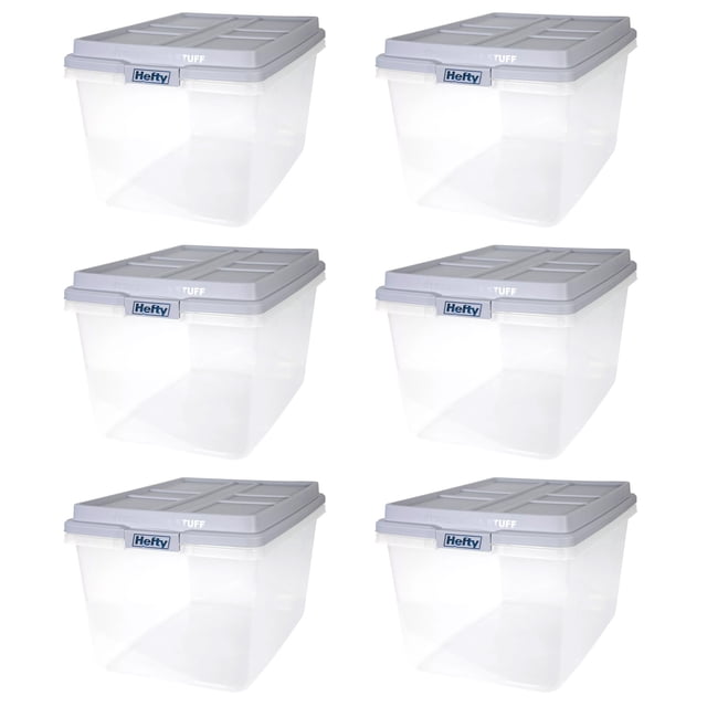 Hefty Bac de Rangement en Plastique Empilable Hi-Rise de 72 Qt avec Couvercle, Lot de 6, Gris Carrière