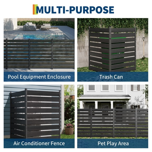 Weather-Resistant Outdoor Privacy Screen Fence – Black Aluminum Frame with Vinyl Slats, Decorative Garden Divider for Trash Cans, AC Units, Pool Gear, No-Dig Install, 2PCS, Black