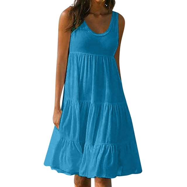 B91xZ Robe Femme Sans Manches Fendue Robes Maxi Robe d'Été de Plage avec Poches, Bleu Clair m