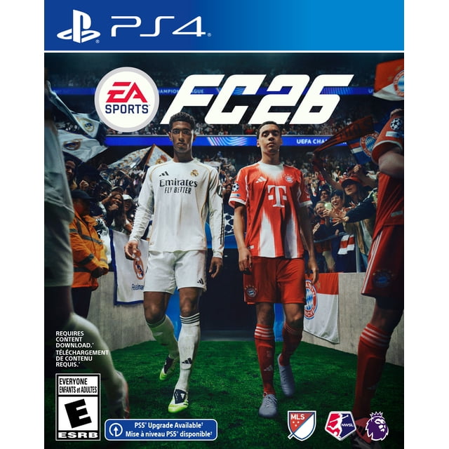Couverture PS4 EA SPORTS FC 26 Mettant en Vedette Deux Joueurs de soccer Marchant sur un Terrain de Stade, l'Un dans un Ensemble Blanc du Real Madrid et l'Autre dans un Ensemble du Bayern Munich Rouge, avec des Bannières de l'UEFA Champions League et une Foule en Arrière-Plan, Représentant un Match de simulation de soccer pour PlayStation 4.