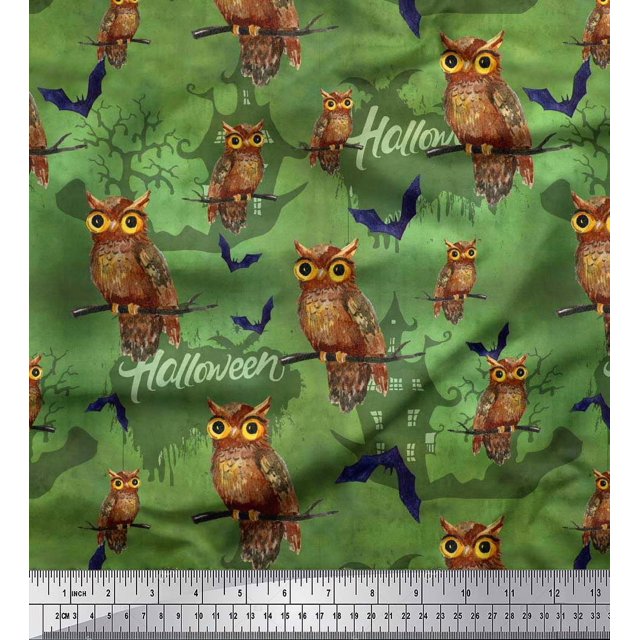 Soimoi polyester Crepe Fabric Owl,Bat & Haunted House Halloween Decor Fabric Printed Yard 52 Inch Wide