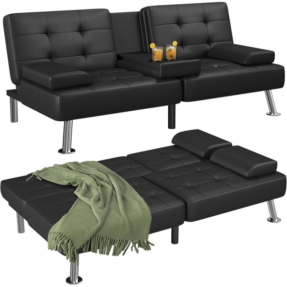 Homall Futon Sofa Bed Faux Leather Couch Modern Convertible Folding Recliner with 2 Cup Holders,Black