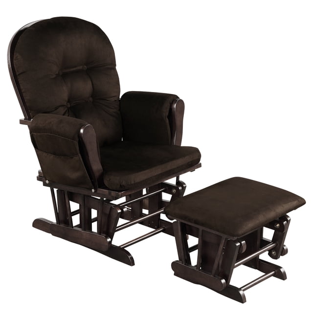 Patiojoy Nursery Glider and Ottoman, Adult Rocking Chair with Storage Pocket for Bedroom and Living Room, Brown. This glider features a solid wood frame with a smooth rocking mechanism and a matching ottoman for added comfort. The chair is upholstered in soft microfiber fabric with padded armrests, one of which includes a detachable storage pocket for convenience. The high back and ergonomic design provide excellent support, while the removable cushion ensures easy maintenance. Suitable for nurseries, bedrooms, and living rooms.