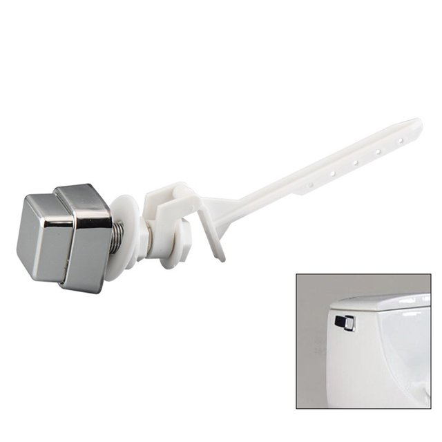 MYG Push Button Toilet Flush Kit Side Mount Water Tank Trip Lever Handle Accessories. This durable plastic toilet handle features a sleek silver and white design with a spring mechanism for efficient, water-saving flushing. The side mount lever is compatible with most toilet brands and includes an easy-to-install design, suitable for home and commercial bathrooms.