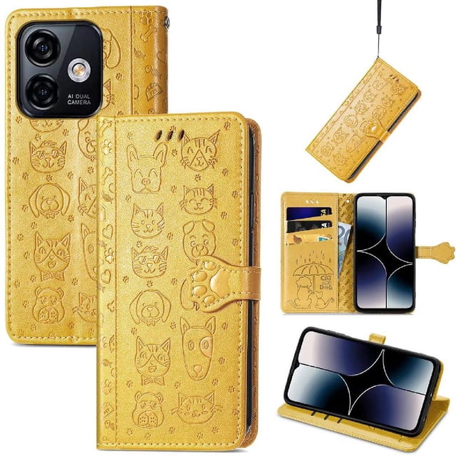 Étui à Rabat pour FOXDOCK Ulefone Note 18 Ultra, Étui à Rabat en Cuir PU Gaufré Chat et Chien avec Fentes pour Cartes, Support